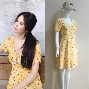 

Song Hye Kyo Women Yellow Sweet Sexy Dress Office Lady V-neck Summer Elegant Floral Mid Skirt Celebrity Style Fashion Dresses