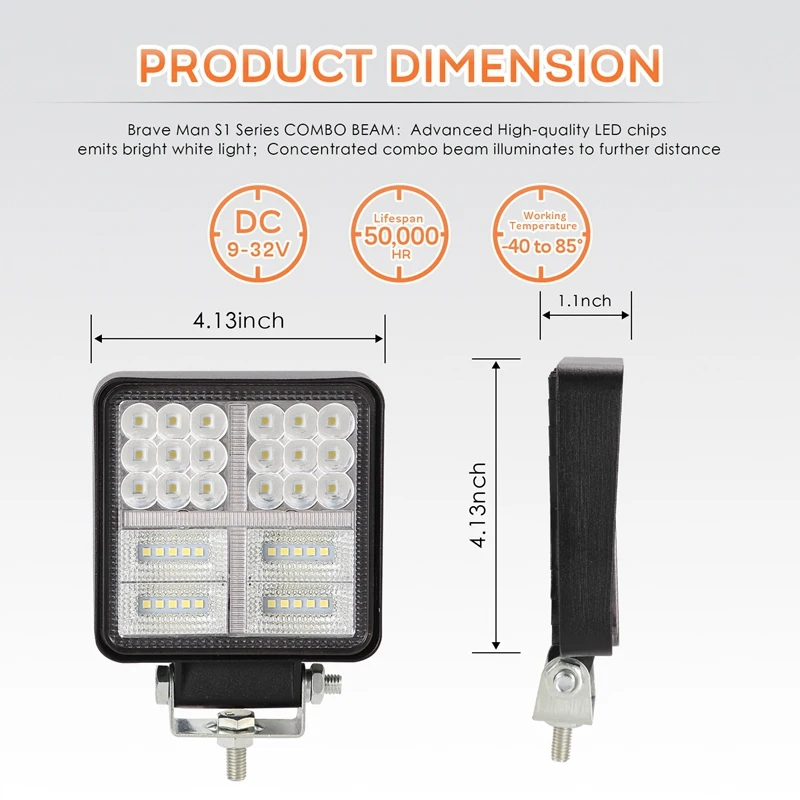 Светодиодный светильник, 4 дюйма квадратный 162 Вт Водонепроницаемый светодиодный рабочий светильник, для Jeep внедорожный светильник, противотуманный светильник для вождения с креплением Brac