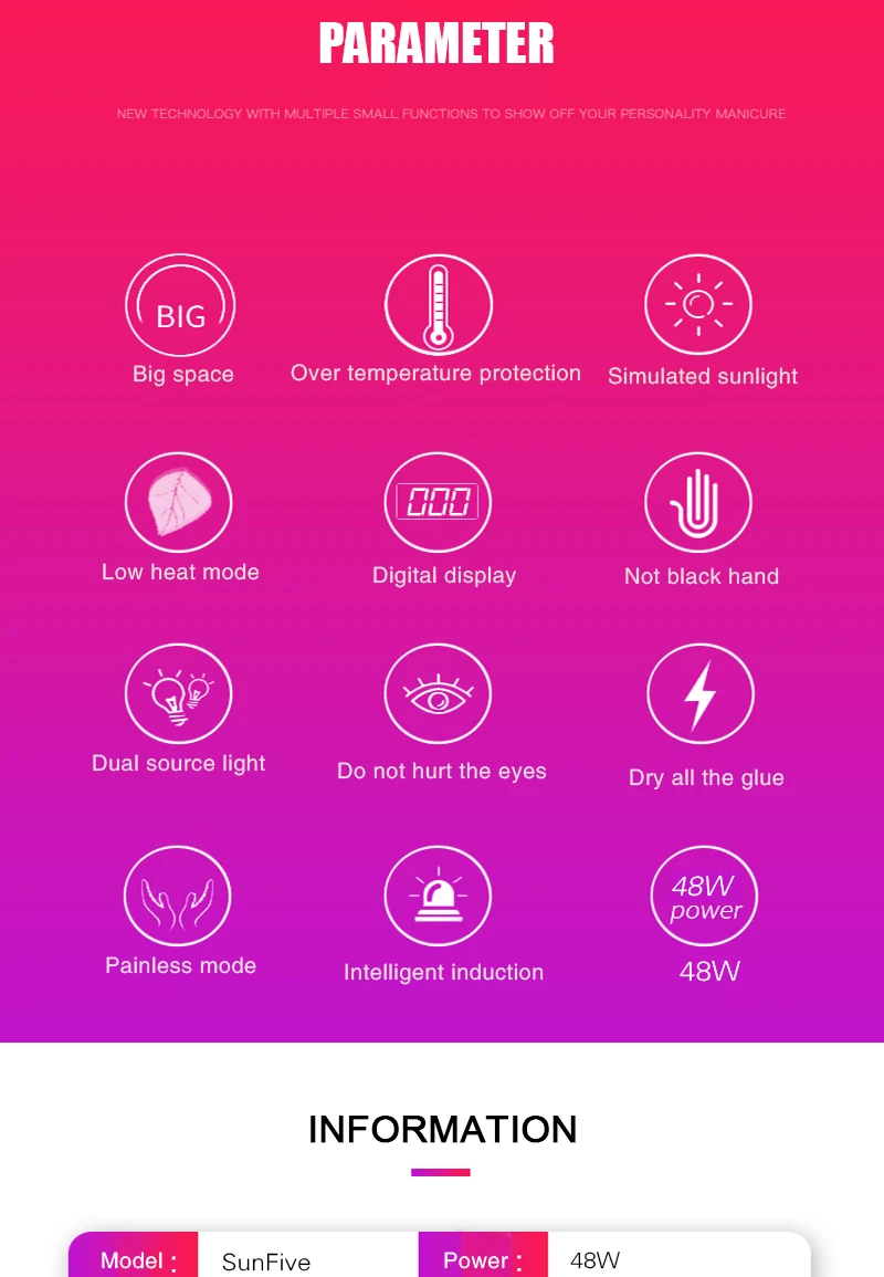 SUNfive 48 Вт УФ-лампа для ногтей, сушилка для всех гелей, 24 светодиода, Сушилка для ногтей, светильник для ногтей, таймер 60/90/120 s, Сушилка для ногтей