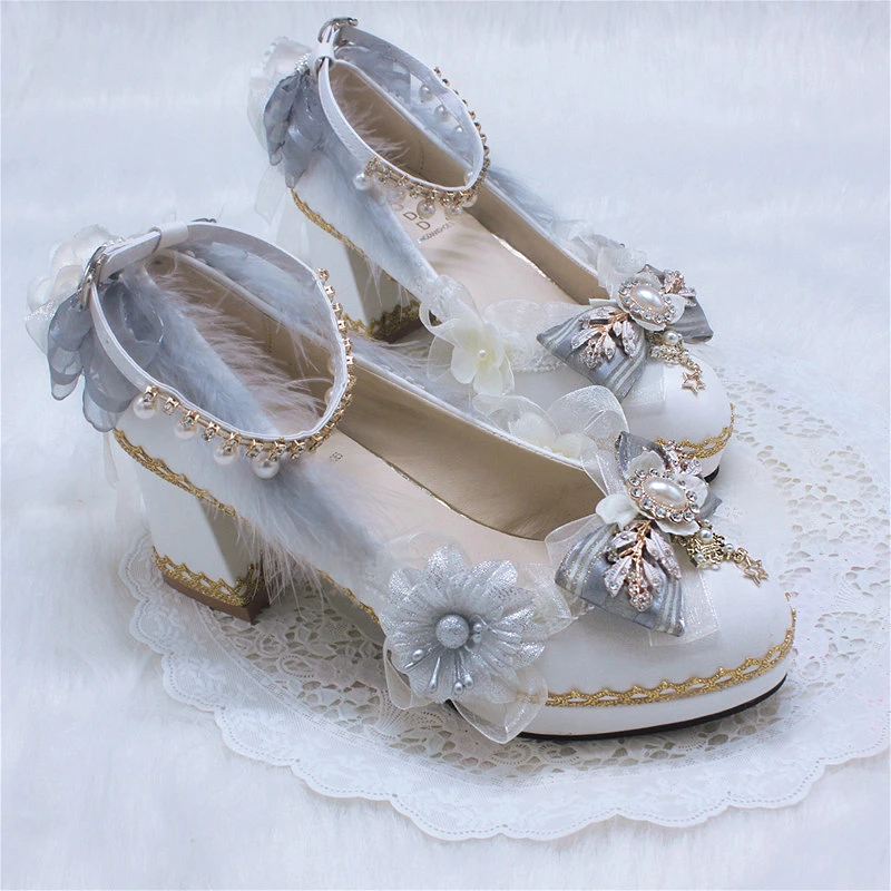 

Lolita Shoes women Flower Wedding Tea Party Shoes Light Grey Loli High Heels 8cm Goth Cosplay Anime Kawaii Sweet Lolita Shoes
