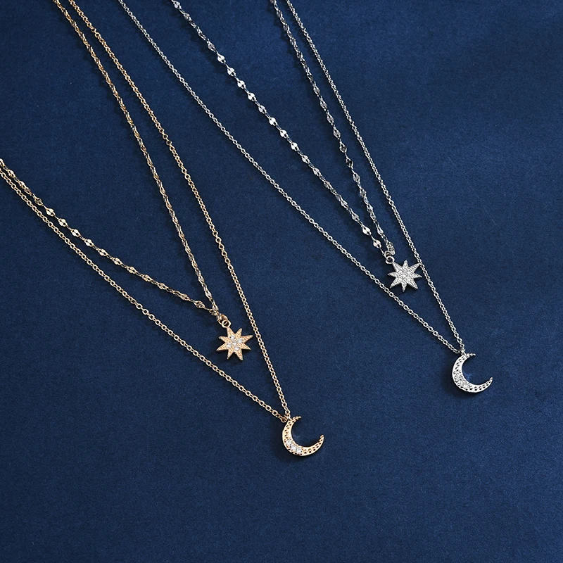 925 Sterling Silver Simple Stars Double Layer Choker Shiny Zircon Moon Pendants Necklaces For Women Gift Fine Jewelry NK092