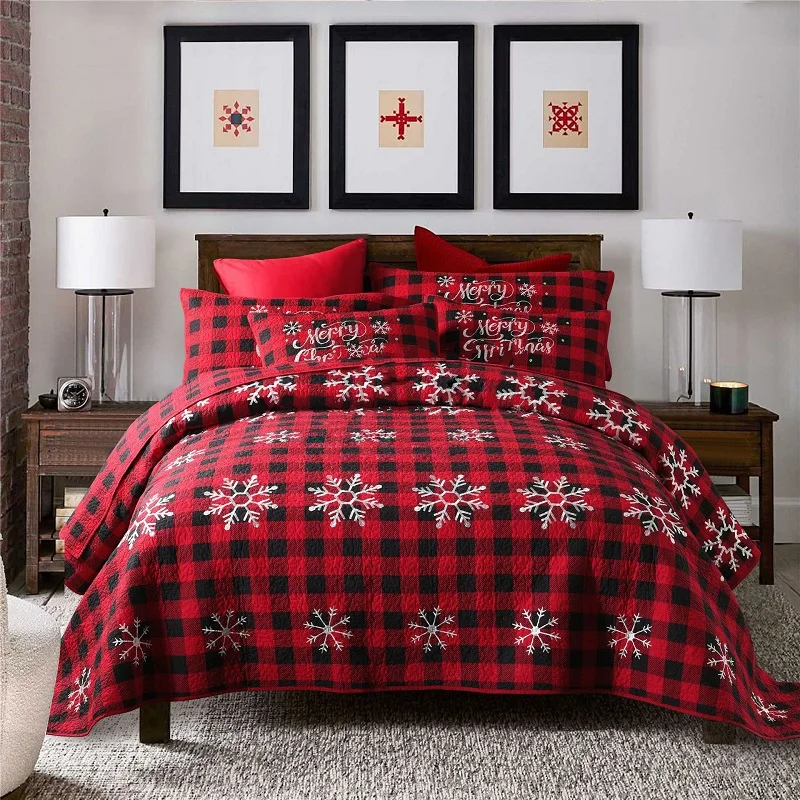 Рождественское красное покрывало, Стёганое одеяло, набор из 3 предметов, хлопковое стеганое одеяло с вышивкой, покрывало, покрывало для кровати, постельное белье, покрывало