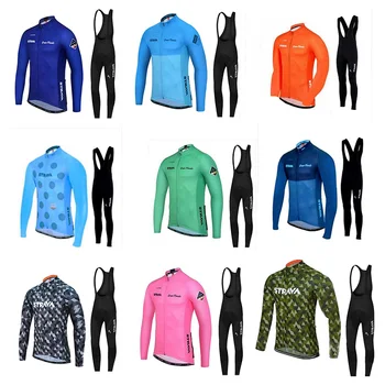 

2019 New Winter Fleece Men STRAVA Racing Cycling Long Sleeve Jersey Warm Riding Bike Pant Sets 9D gel pad pants