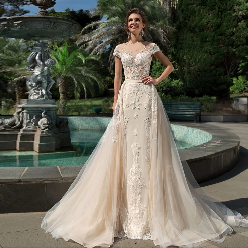 2 шт. Свадебные платья русалки со съемным шлейфом Vestido De Novia Sirena Аппликации Кружева Свадебные платья Gelinlik