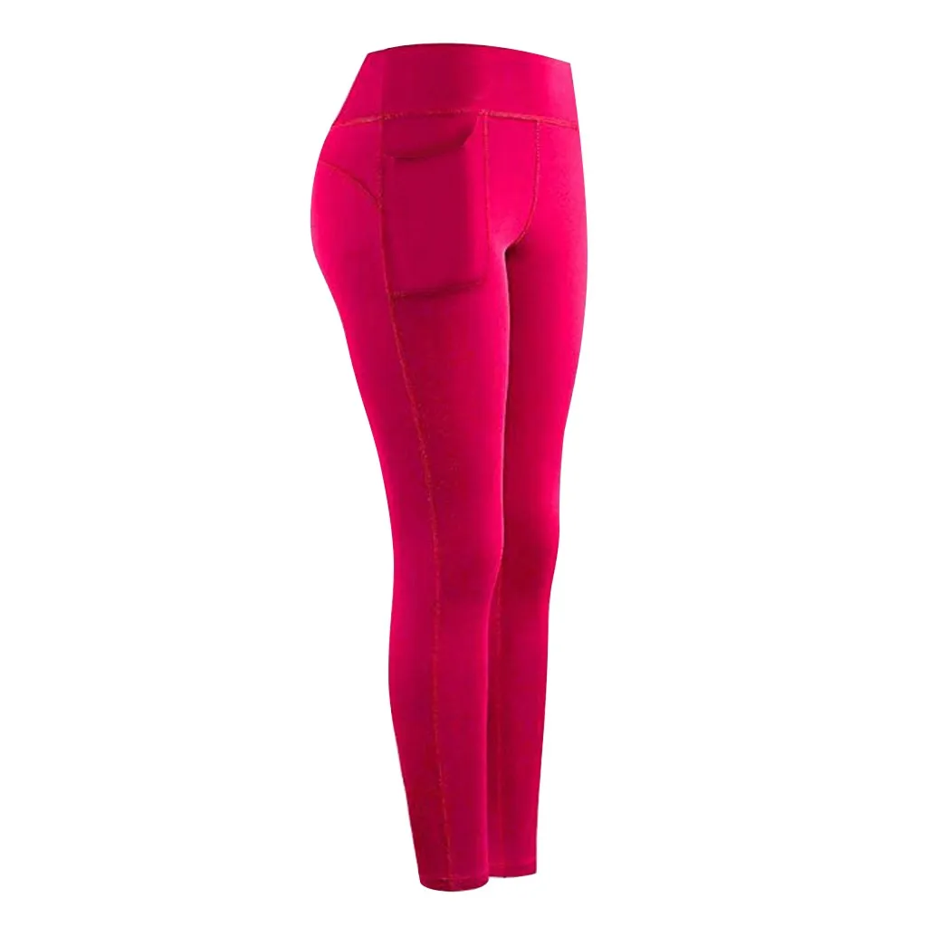 Hot Pink Женские леггинсы для бега, спортивные, для фитнеса, с эластичными карманами, черная одежда для тренировок, женские леггинсы с высокой талией, обтягивающие, для активного отдыха, брюки-карандаш - Цвет: Hot Pink