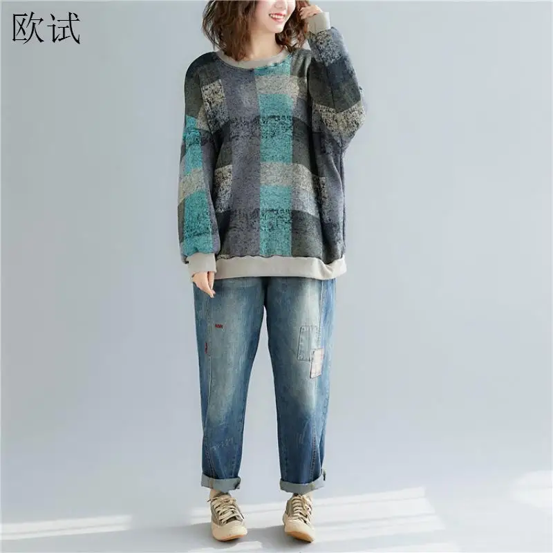 Oversized Winter Knitted Sweater Women Velvet Warm Plaid Kint Cashmere Ladies Sweaters Vogue Woman Korean Style Pullover 2021 | Женская