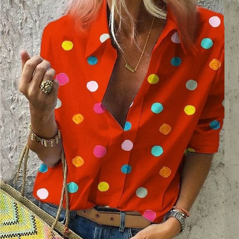 Женские топы и блузки в горошек, Осенние цветные блузы, повседневная Облегающая рубашка в богемном стиле, женская блуза на пуговицах - Цвет: Orange