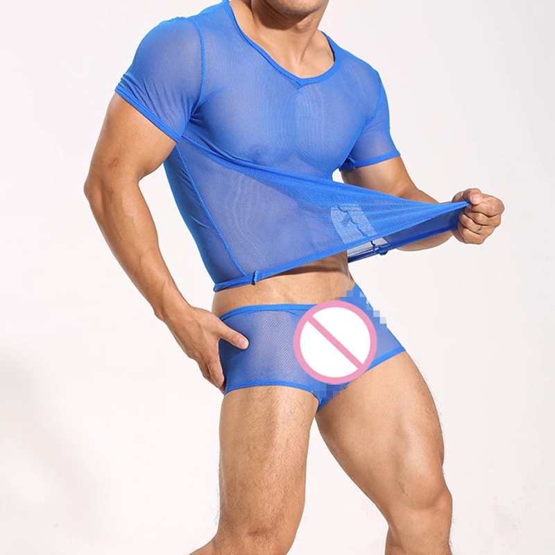

Undershirt & Boxer Set / Transparent Mesh Shirts Underwear Tight Singlet Gay Thin Top Tees & Boxer Night Club Erotic Lingerie