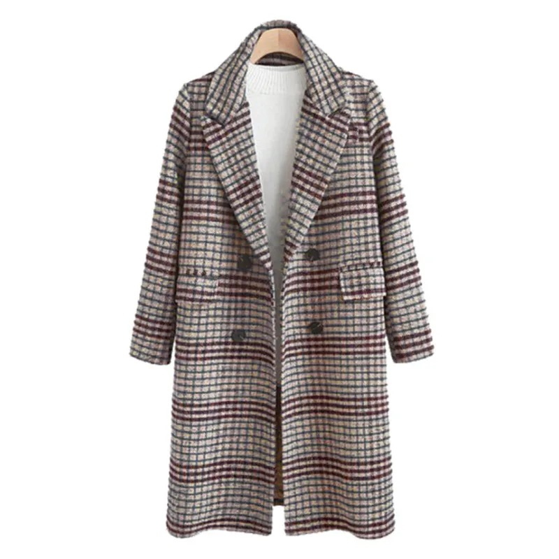 Женское шерстяное пальто в клетку, женское Свободное длинное двубортное шерстяное пальто, зимнее пальто, Женское шерстяное пальто - Цвет: Grey
