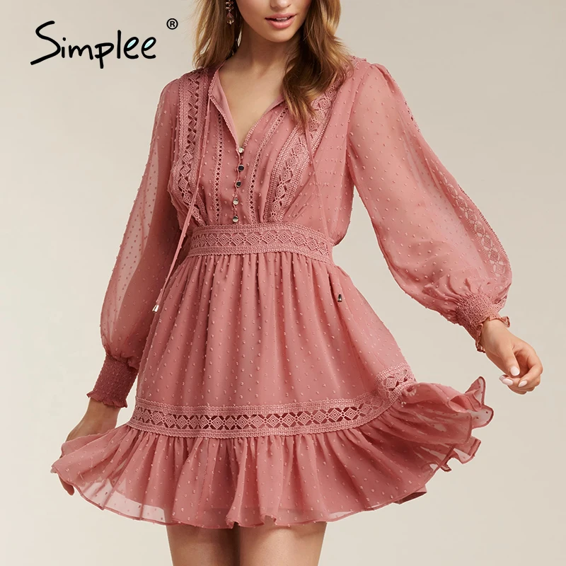 Simplee chiffon party polka dot dresses women latern sleeve lace vintage dress ruffles hollow out female dresses vestidos 2020 Simplee chiffon party polka dot dresses women latern sleeve lace vintage dress ruffles hollow out female dresses vestidos 2020
