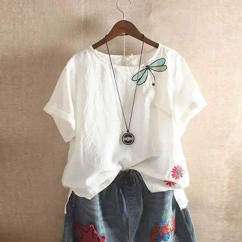 

Women's Embroidered Blouse Tops Summer Tunic Vintage Causal Plate Button Tee Shirts Female O neck Blusas Mujer Oversized Chemise