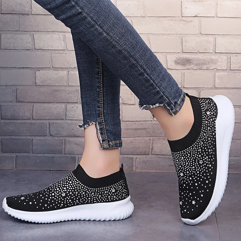 Women Sneakers Flat Vulcanized Shoes Knit Ladies Slip On Woman Glitter Crystal Loafer Women's Casual Shoes Female New