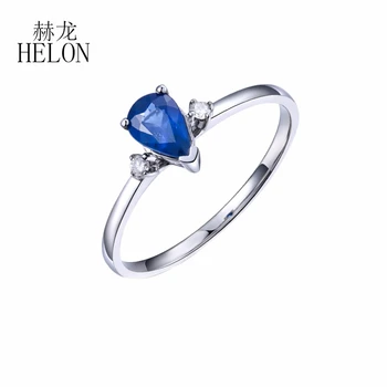 

HELON Solid 14K White Gold 4x5mm Pear Cut Genuine Natural Sapphire Diamonds Engagement Wedding Women Gemstone Fine Jewelry Ring