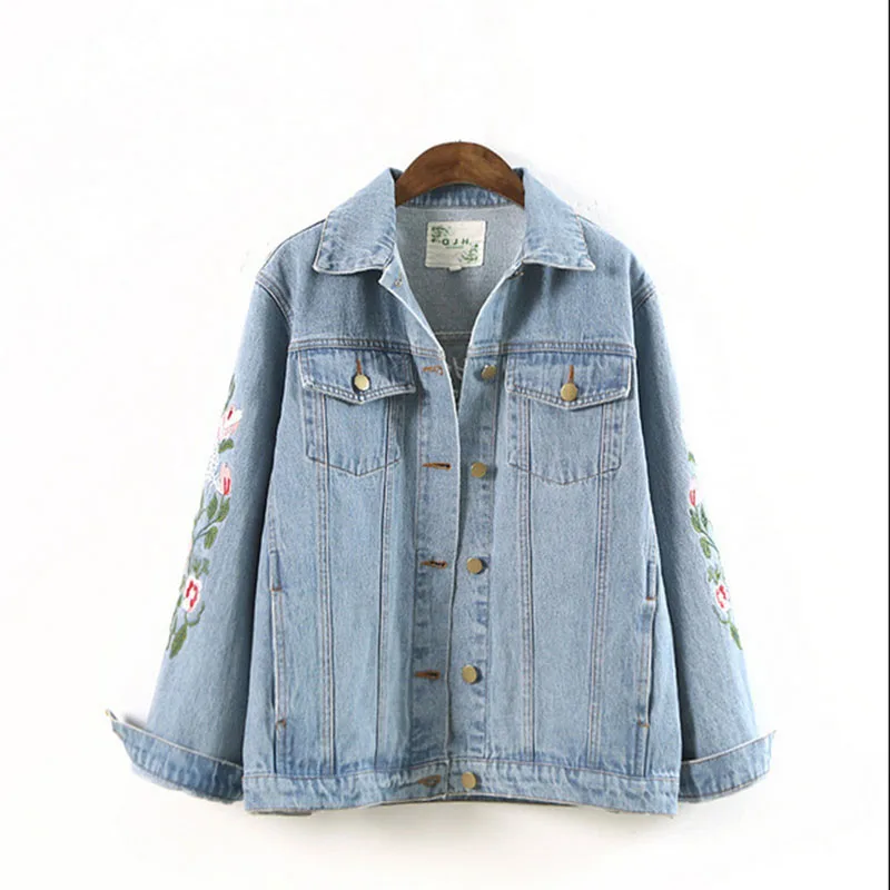 

Plus Size Coats and Jackets Women Flower Embroidery Print Jean Jackets Women Denim Coats Black Loose Casual Jeans Jacket Outwear