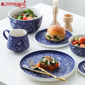 

Hand Painted Cartoon Ceramics Meal Soup Bowl Dinner Plate Mug Taste Dish High Capacity Outfit Relief Blue and White Tableware