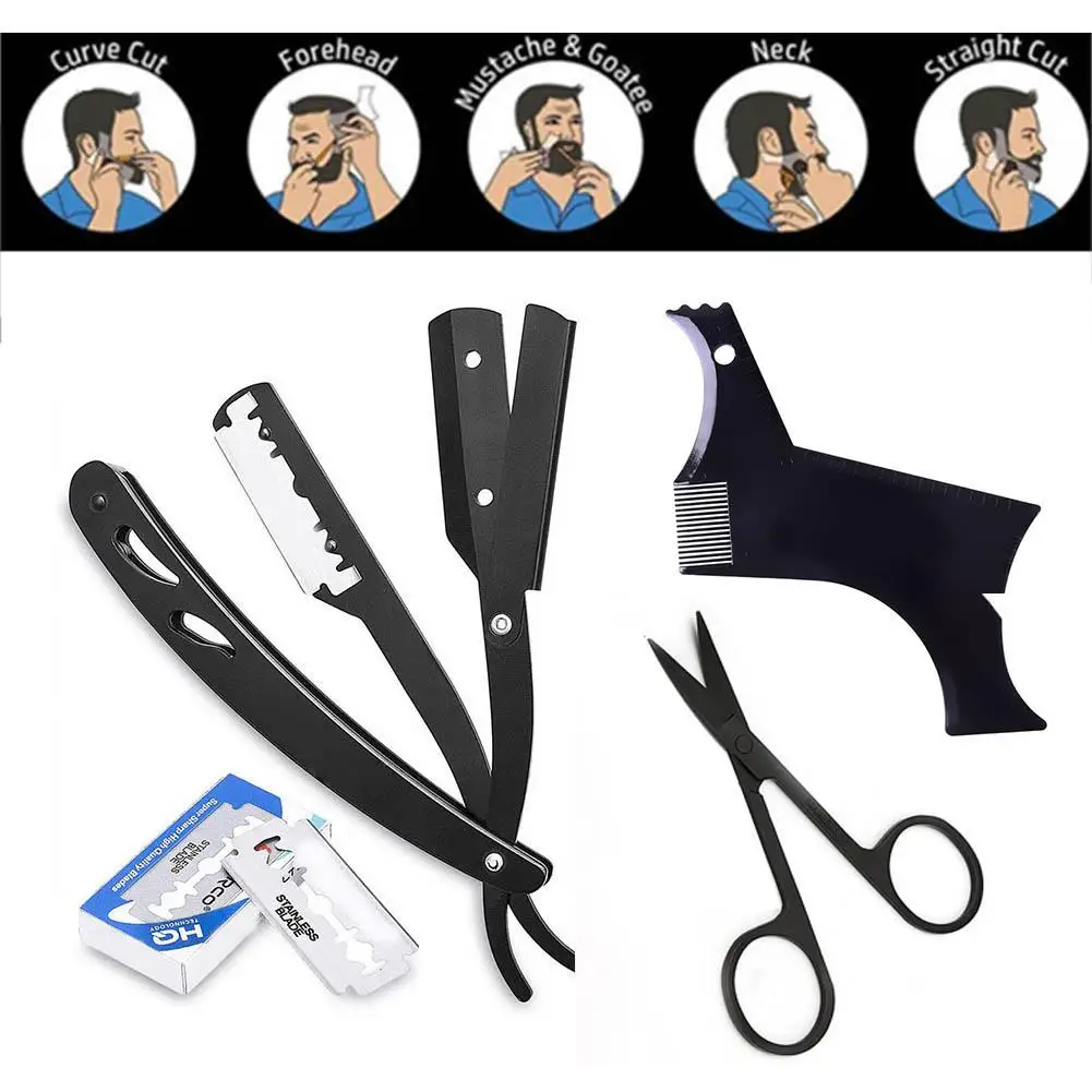 Черные ножницы-бритва из нержавеющей стали для укладки усов, гребень для бритья, набор для бритья