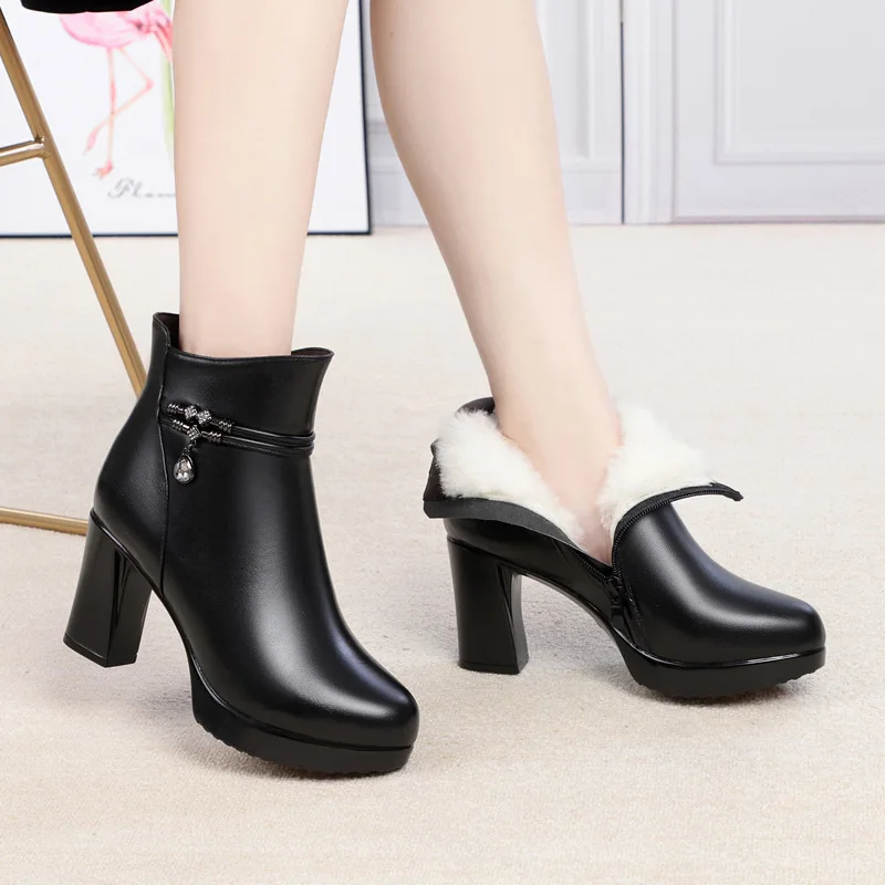 CEVABLUE Round-headed Leather Women's Boots Side Zipper Cotton Boots Waterproof Super High Heel Women's Shoes ZLT-ZJM862