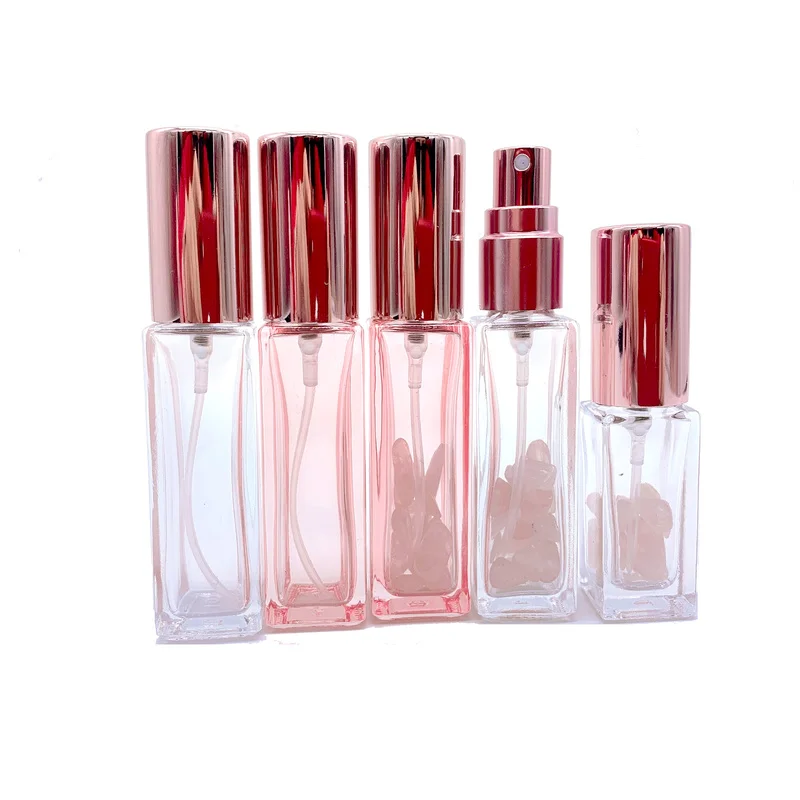 Rose Crystal Perfume Atomizer Pink Quartz Spray Bottle 5 ml 10 ml Pink Vial Refillable Sprayer with Rose Golden Lids 10pcs P273-1
