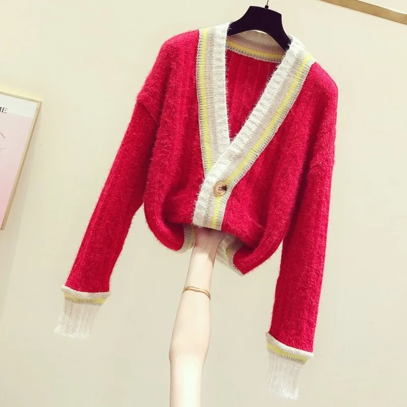 ^*Best Offers 2019 New Autumn Winter Korean Coloured V-neck Single-row Knitted Cardigan Woman Loose Knitting Jacket Women Red Knit Cardigans