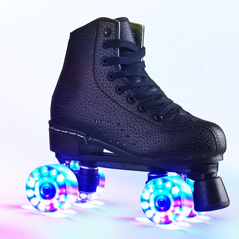 

JK Skates Adult PU Leather Quad Roller Skates Double Line Skates Two Line Skating Shoes Patines PU Flash or no Flash Wheels