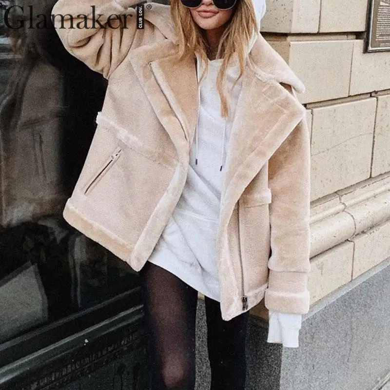Glamaker/пальто из искусственного меха, овечья кожа, женская верхняя одежда, удобная повседневная теплая куртка с карманами, плюшевый мех, женская зимняя куртка с подкладкой, куртка в русском стиле
