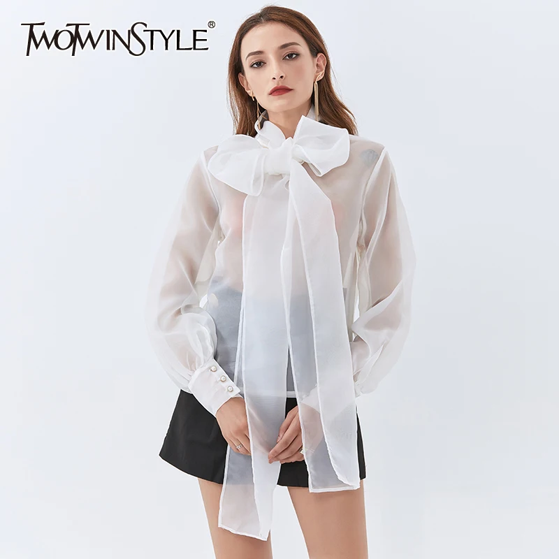 

TWOTWINSTYLE Bowknot Perspective Shirt For Women Bow Collar Lantern Sleeve Casual Blouse Female 2020 Fall Fashion New Clothing