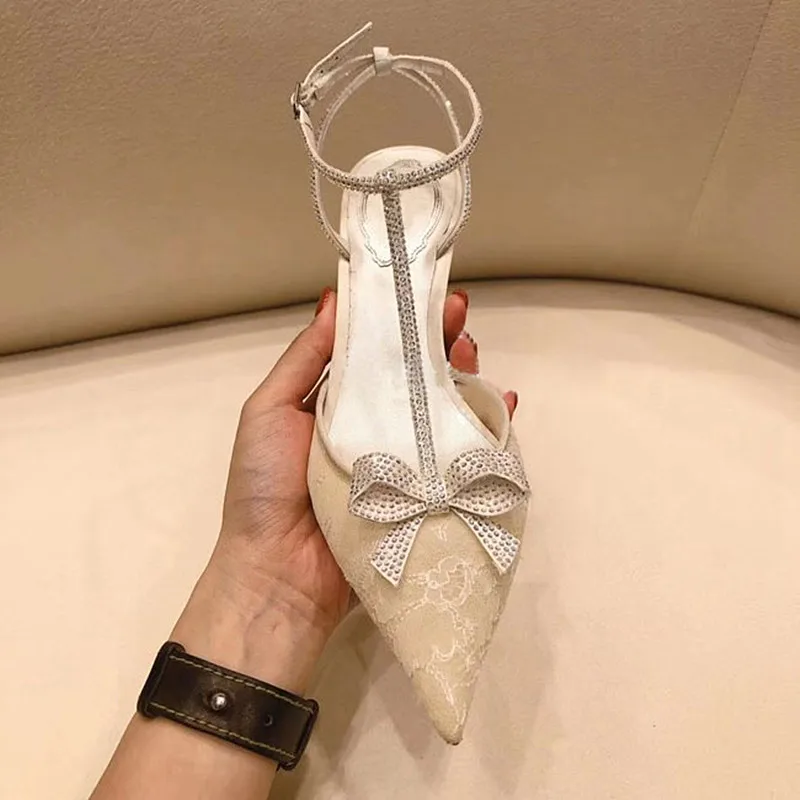 

kmeioo 2020 bride shoes woman elegant ankle strap sandals bowtie high heels White lace jeweled sandals