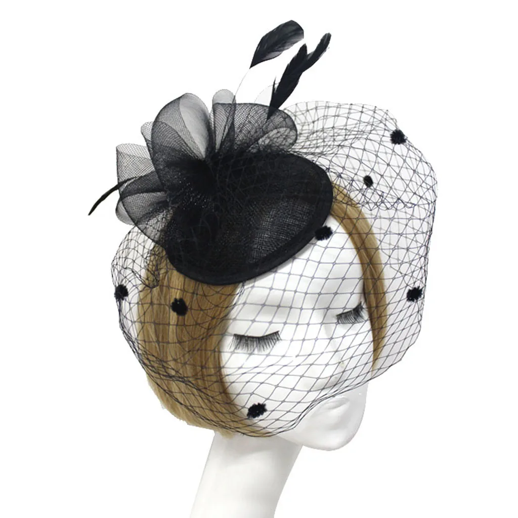 Bridal Fish Net Face Veil Feather Fascinator Hair Clip Party Headpiece Black