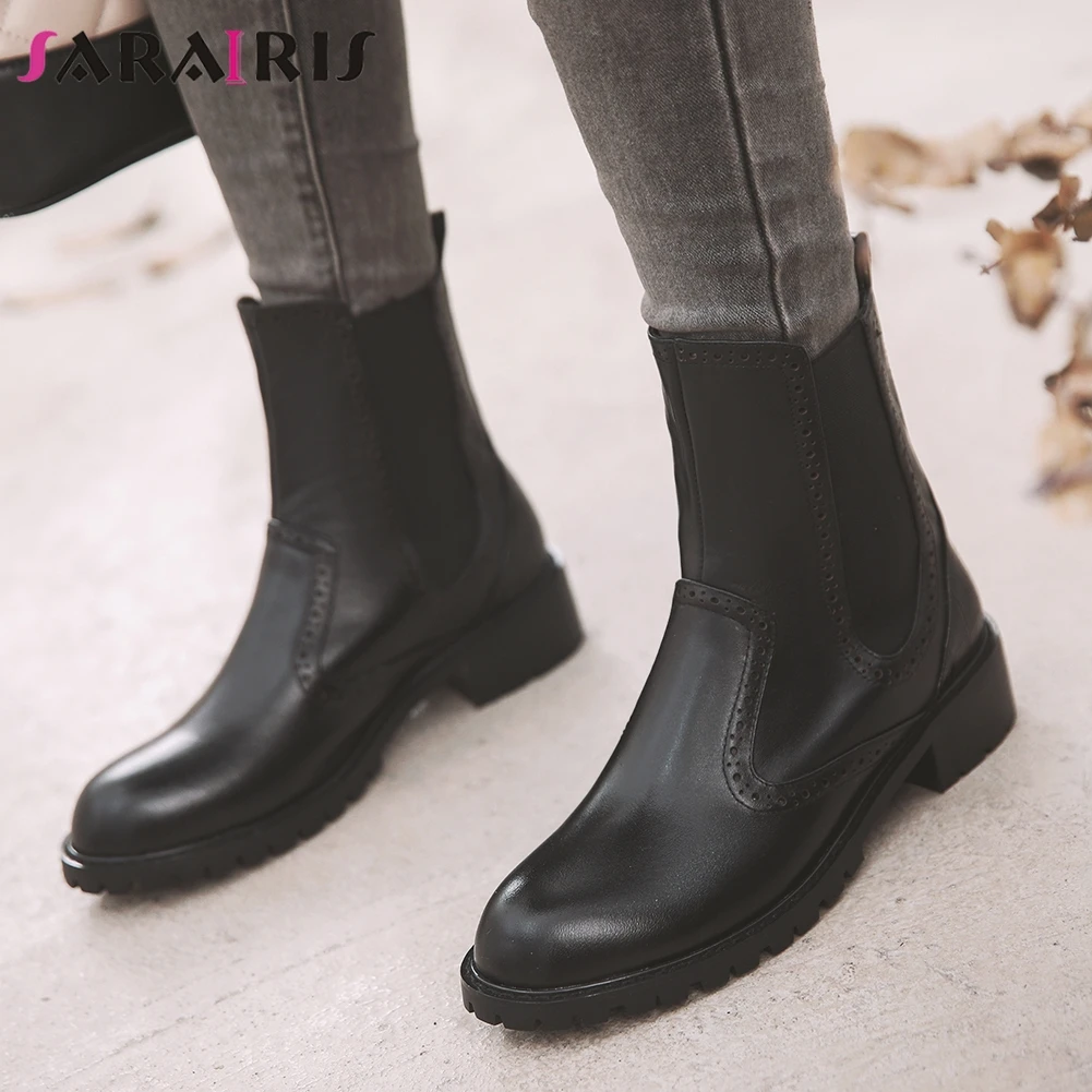 

SARAIRIS Brand New Ladies Party Ol Chunky Heels Boots Women Genuine Leather Boots Fashion Elastic Band Ankle Shoes Woman