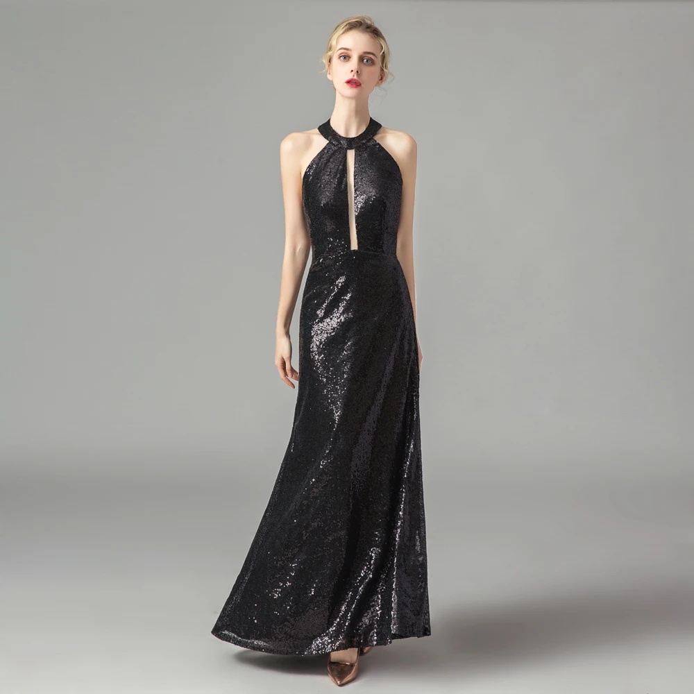 

Alagirls New Arrival Elegant Black Evening Dresses Halter Sexy Backless Evening Gown Floor Lenth Party Dress Vestidos de fiesta