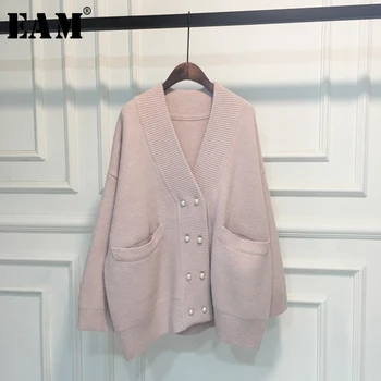 

[EAM] Pocket Big Size Knitting Cardigan Sweater Loose Fit V-Neck Long Sleeve Women New Fashion Tide Autumn Winter 2020 1X376
