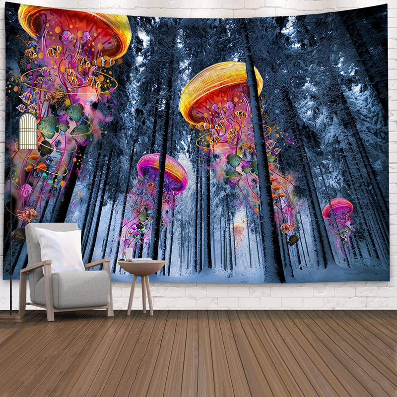 Blue Jellyfish Scenery Tapestry Psychedelic Wall Hanging Tapestry Home Decor 