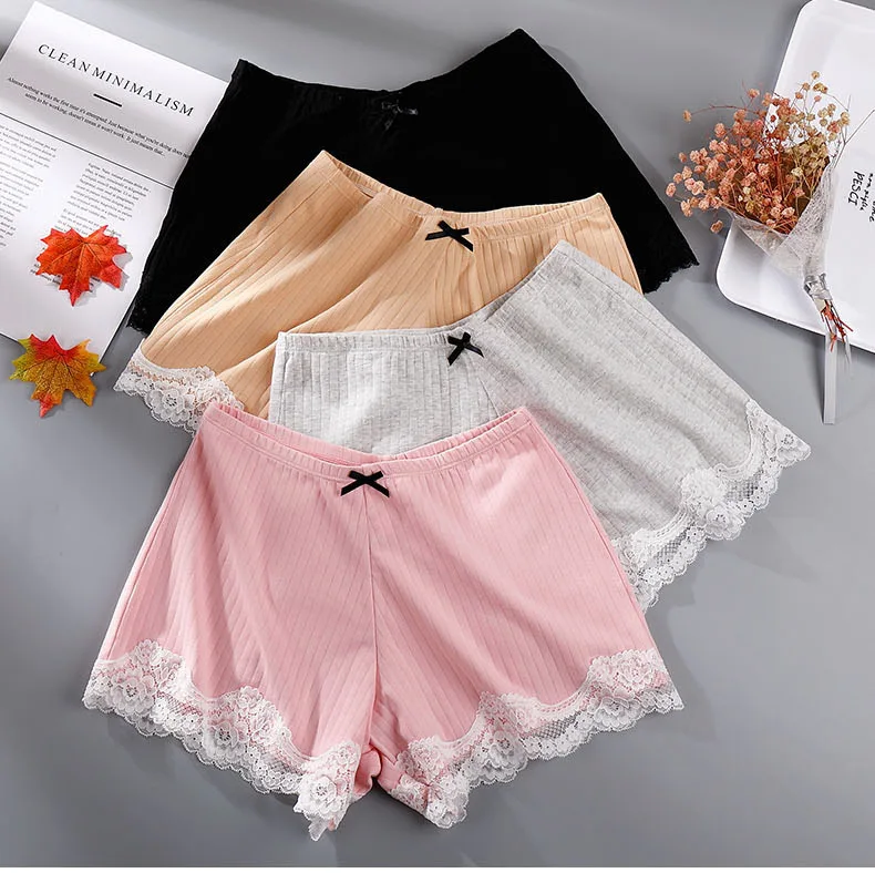 

4color Women Breathable Safety Short Pants Hot Sale Cotton Lace Seamless Mid-Rise Solid Cotton crotch Girls Necessary shorts