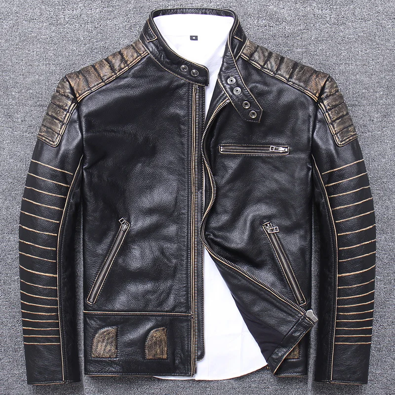 Locomotor ropa de cuero genuino para hombre, chaqueta de cuero vacuno de  molienda de borde usado, abrigo suelto de invierno, tres  dimensiones|Abrigos de cuero genuino| - AliExpress