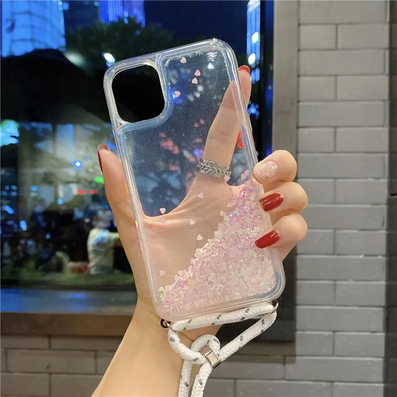 Sequins Quicksand Rope Case For iPhone 12 mini 11 Pro Max XR X XS Max 8 7 6 6S Plus 5 5s SE Lanyard Dynamic Liquid Glitter Cover wooden phone cases