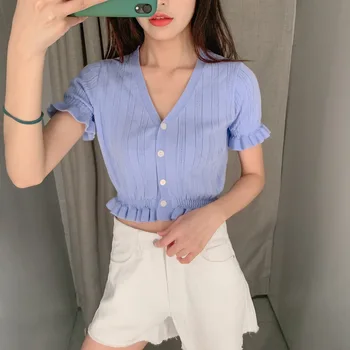 

New knitted solid color V-neck button knit short sleeve women