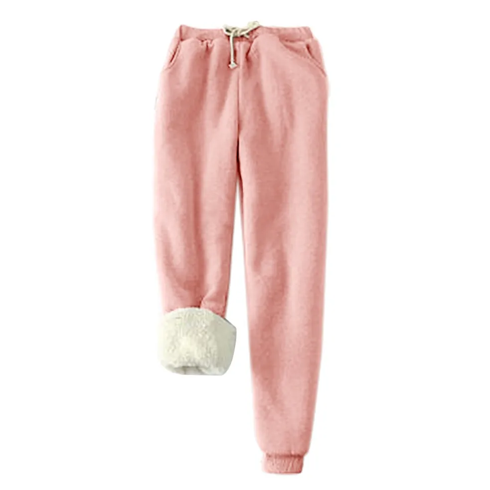 Кашемировые теплые штаны для женщин, бархатные плотные спортивные штаны, эластичные зимние повседневные женские штаны из овечьей кожи, свободные плотные брюки, 19 oct18 - Цвет: Розовый