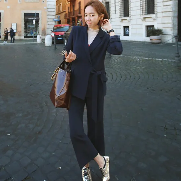 

Business Commuting Small Suit 2017 Autumn & Winter New Style South Korea Trumpet Capri Pants Navy Suit Two-Piece Women's
