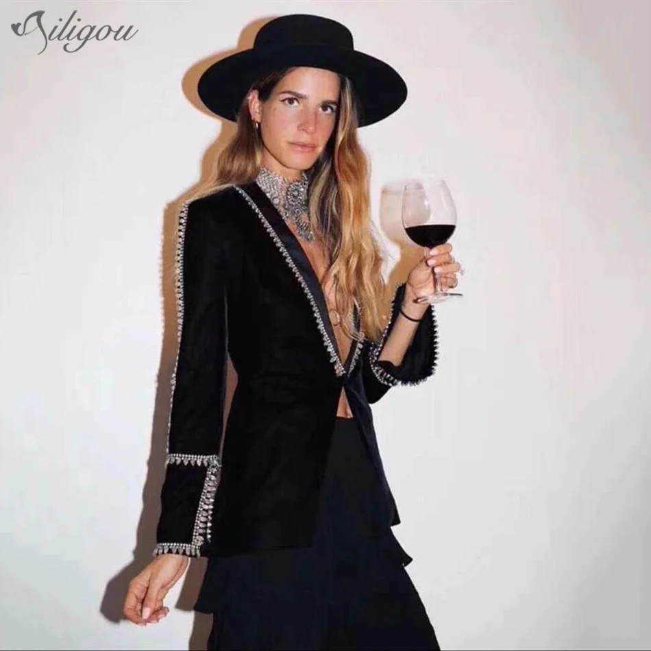 

2020 Summer New Slim Luxury Rhinestone Shiny Velvet Ladies Suit Fashion Designer Personality Suit Coat