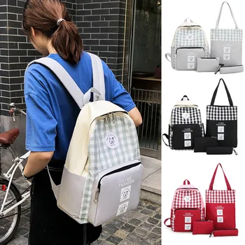 

Canvas Plaid Backpack Girl's Schoolbag Two-Piece Backpack