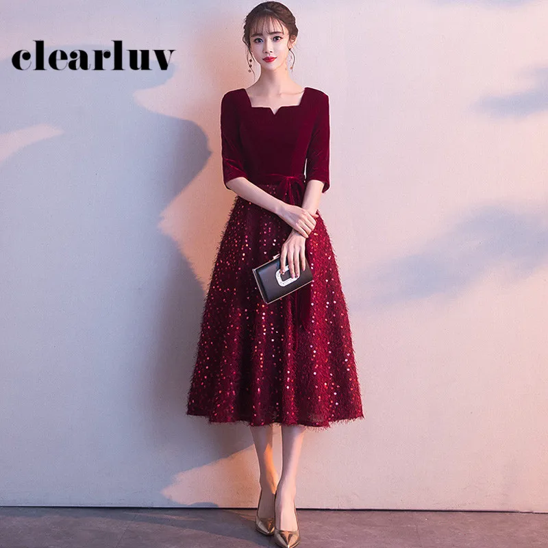 

Shining Sequin Women Party Gowns DR331 Burgundy A-Line Vestido De Festa Square Collar Prom Dresses Half Sleeve Formal Dress 2020