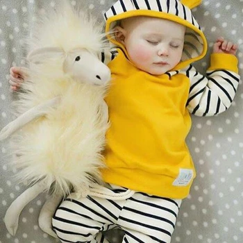 

Newborn Baby Girl Clothes 2pcs Sets 3D Ear Long Sleeve Hooded Patchwork Sweaters Tops+stripe Trousers Infant Boy Clothing 6-18M