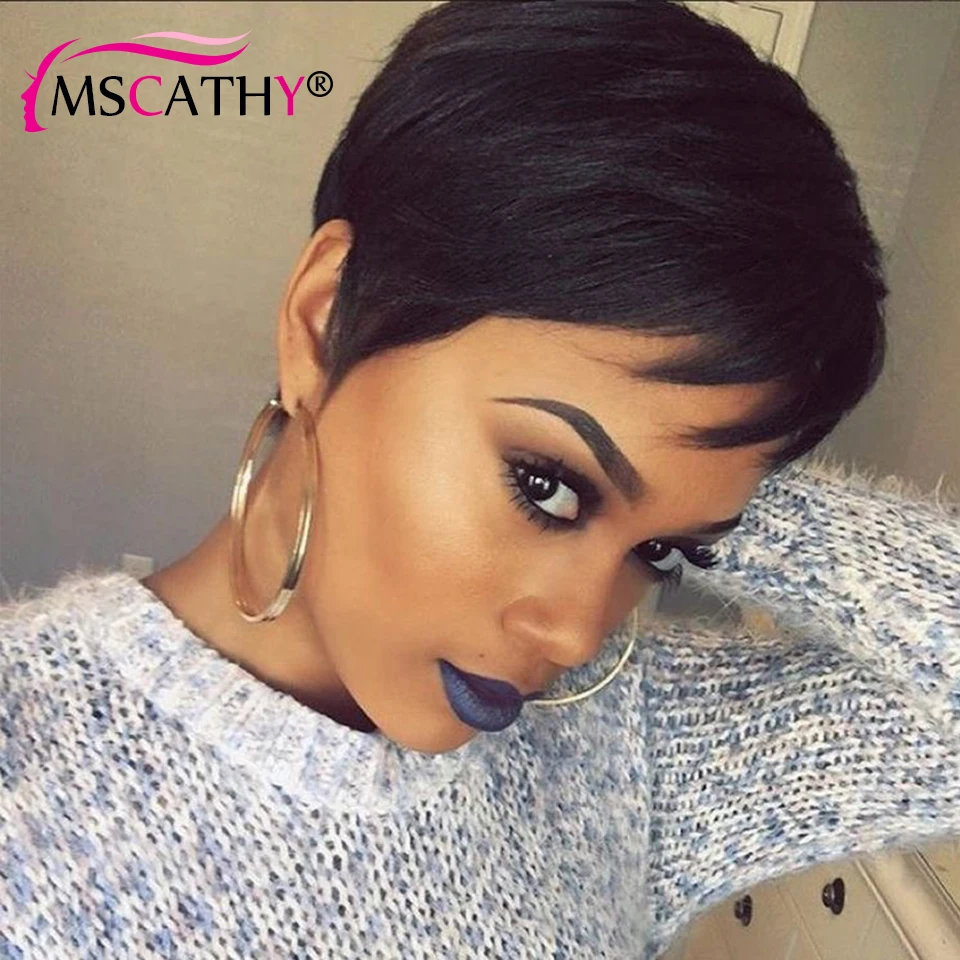 No Lace Pixie Cut Short Brazilian Virgin Human Hair Wigs Straight Style  Machine Made For Black Women Natural Color Customize