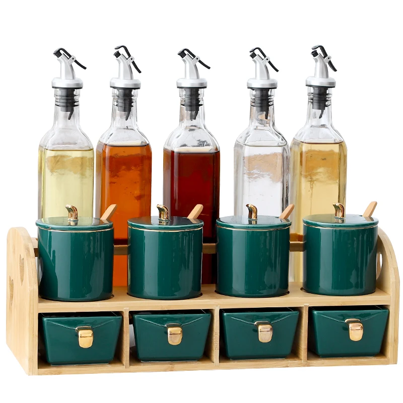 Latest Top Nordic Simple Emerald Ceramic Sugar Salt Seasoning Pot Glass Bottle Combination Set seasoning jars Sauce bottle