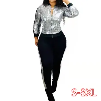 

Fashion Patchwork Sequin Shiny Suits Two Pieces Set Zipper Coat + Long Pants Pocket Jogging Femme Sportwear Tracksuit Women