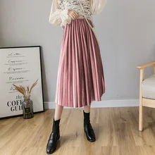 Бархатные плиссированные зимние юбки с высокой талией для женщин, осень, модные эластичные юбки до середины икры в уличном стиле, винтажная розовая плиссированная юбка