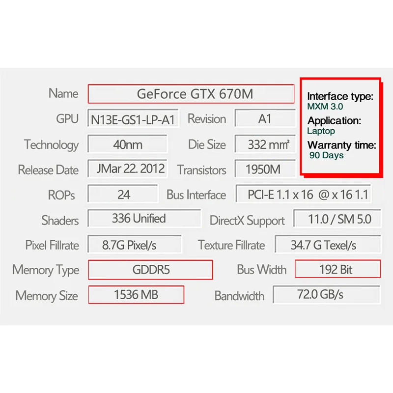 GTX670M GTX 670M MS-1W051 N13E-GS1-LP-A1 GDDR5 1