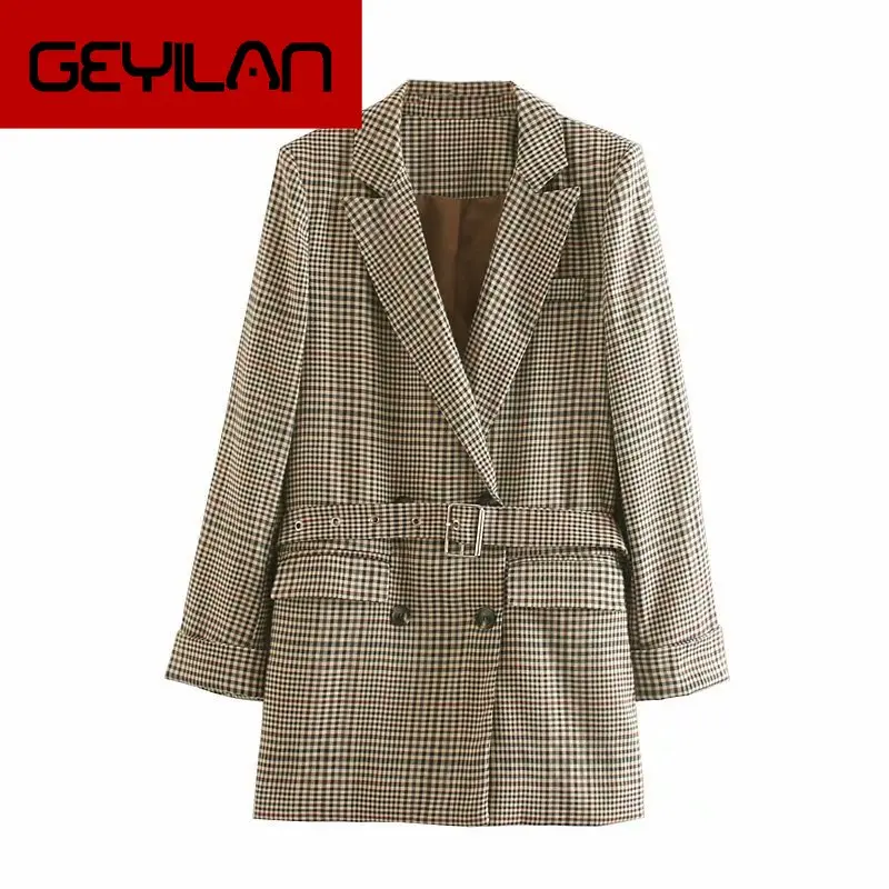 

Autumn new women's jacket high quality Temperament Double-Breasted Belt Medium Long Plaid Blazer Office suit female 2019
