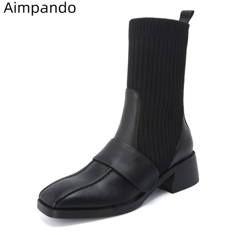 

New Coming Boots Women Real Leather Mix Knitted Fabric Lady Chelsea Bottes Square Toe Slim On Med Square Heel Boots Woman Mujer