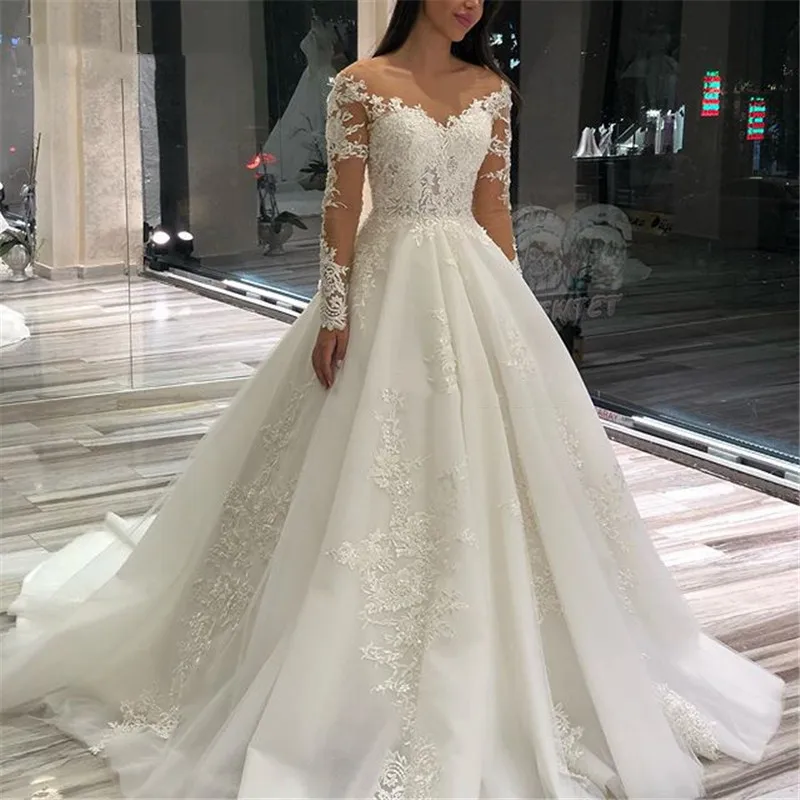 

MYYBLE Wedding Dress 2022 Long Sleeves Lace Up Appliqued Tulle Luxury Bride Dresses White Robe Custom Made Vestidos De Novia